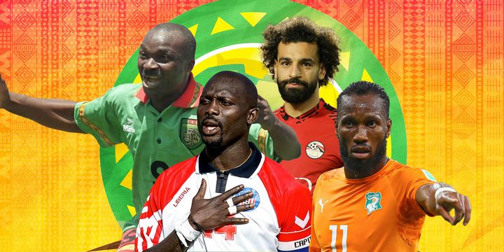 A tribute to Africa's greatest football players: Roger Milla, George Weah, Mohamed Salah, and Didier Drogba. Image used for Sportxparte news.