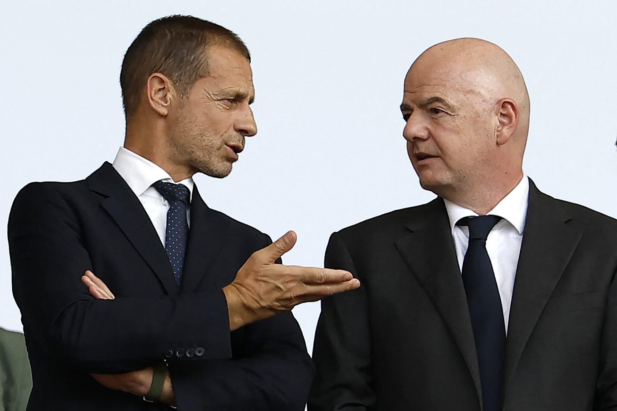 UEFA President Aleksander Čeferin (left) and FIFA President Gianni Infantino (right), whose professional relationship has faced severe strain amid recent governance and commercial controversies. Image used for Sportxparte news.
