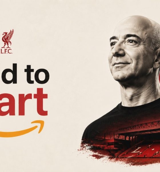 Graphic illustration featuring Amazon founder Jeff Bezos next to the Liverpool FC Liver Bird crest and a red-tinted Anfield stadium, styled with an Amazon marketplace arrow and an orange "Add to Cart" button. Image used for Sportxparte news.