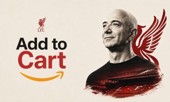 Graphic illustration featuring Amazon founder Jeff Bezos next to the Liverpool FC Liver Bird crest and a red-tinted Anfield stadium, styled with an Amazon marketplace arrow and an orange "Add to Cart" button. Image used for Sportxparte news.