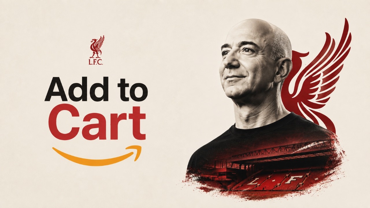 Graphic illustration featuring Amazon founder Jeff Bezos next to the Liverpool FC Liver Bird crest and a red-tinted Anfield stadium, styled with an Amazon marketplace arrow and an orange "Add to Cart" button. Image used for Sportxparte news.