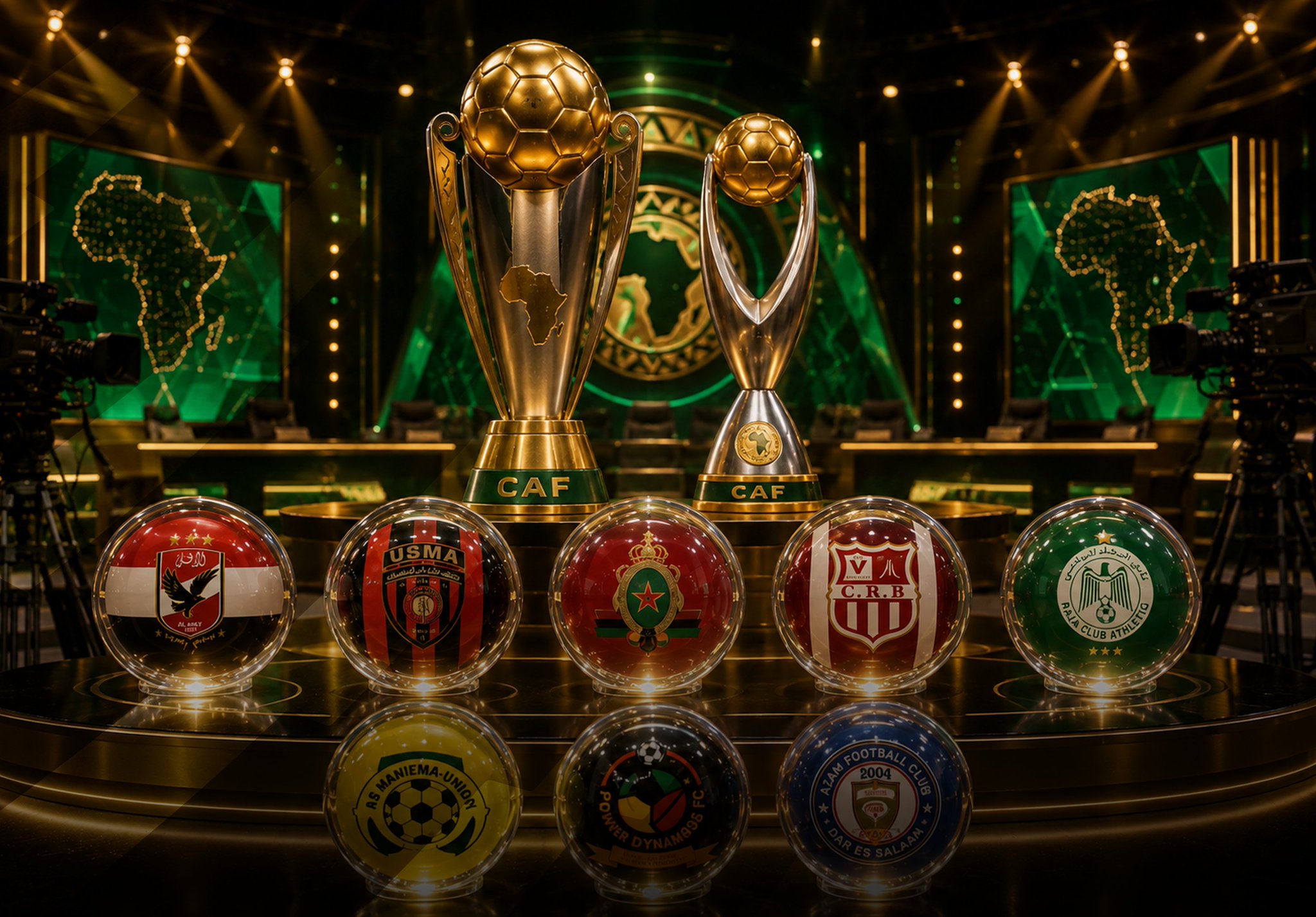The Confederation of African Football (CAF) club competition draws, prominently featuring the CAF Champions League and CAF Confederation Cup trophies on display. Image used for Sportxparte news.