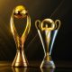 The official golden CAF Champions League trophy next to the silver and gold CAF Confederation Cup trophy on a dark backdrop. Image used for Sportxparte news.
