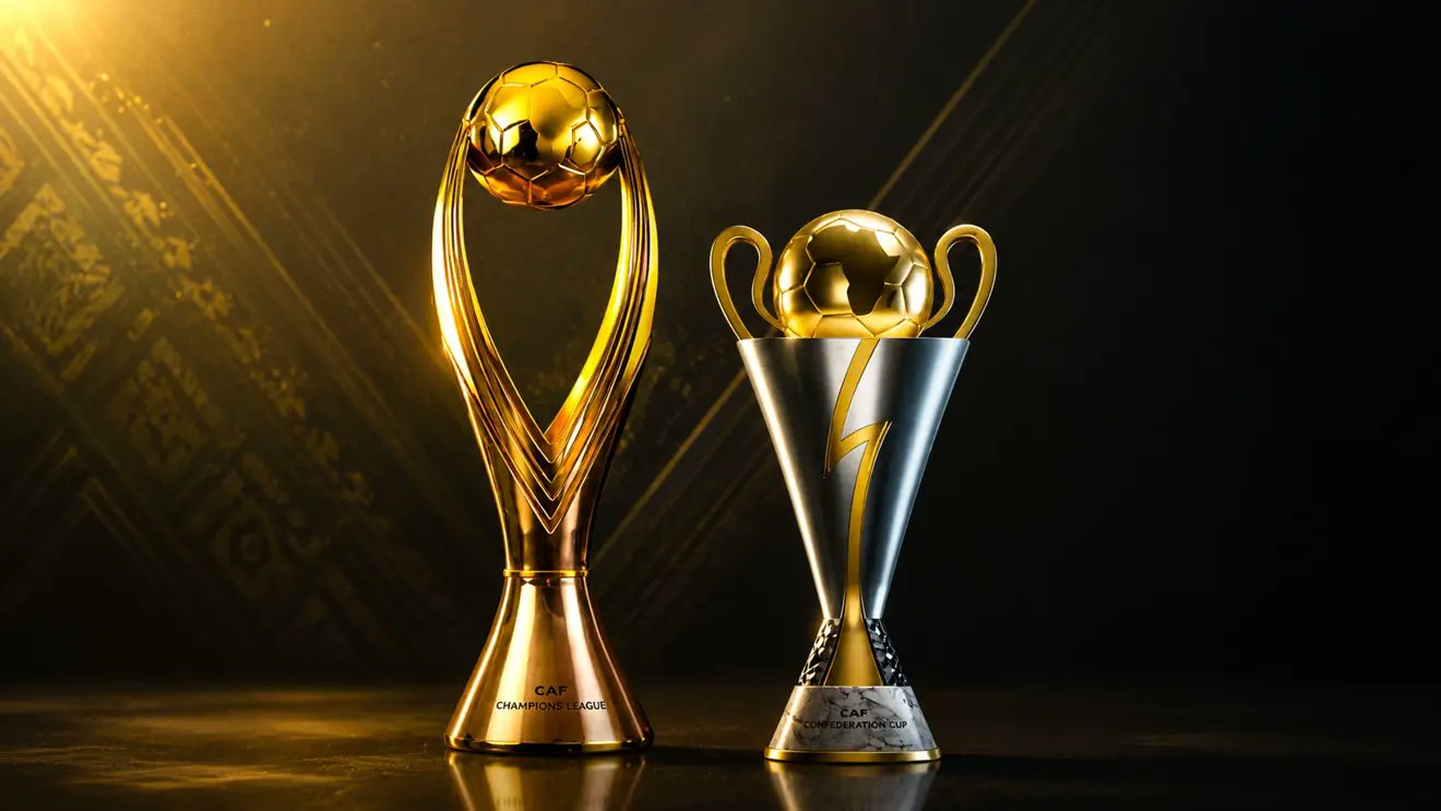 The official golden CAF Champions League trophy next to the silver and gold CAF Confederation Cup trophy on a dark backdrop. Image used for Sportxparte news.