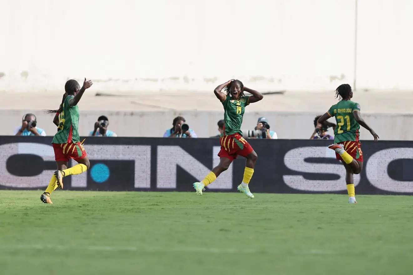 Historic scenes in Casablanca as the Cameroon women's national football team knocks defending champions Nigeria out of the 2026 Women's Africa Cup of Nations (WAFCON). Driven by an unstoppable 19th-minute free-kick from Myriam Maéva Nyadjou, the Indomitable Lionesses defended their 1-0 lead fiercely to advance to the semi-finals and secure automatic qualification for the 2027 FIFA Women's World Cup. Image used for Sportxparte news.