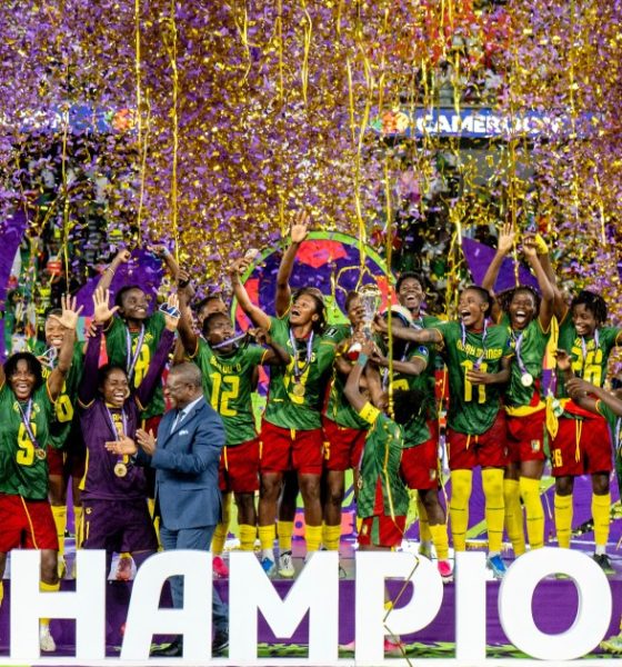 Cameroon's women's national football team (the Indomitable Lionesses) celebrates winning their historic first-ever Women's Africa Cup of Nations (WAFCON) title. They defeated Malawi 3-0 in the final held on August 16, 2026, in Rabat, Morocco. Image used for Sportxparte news.