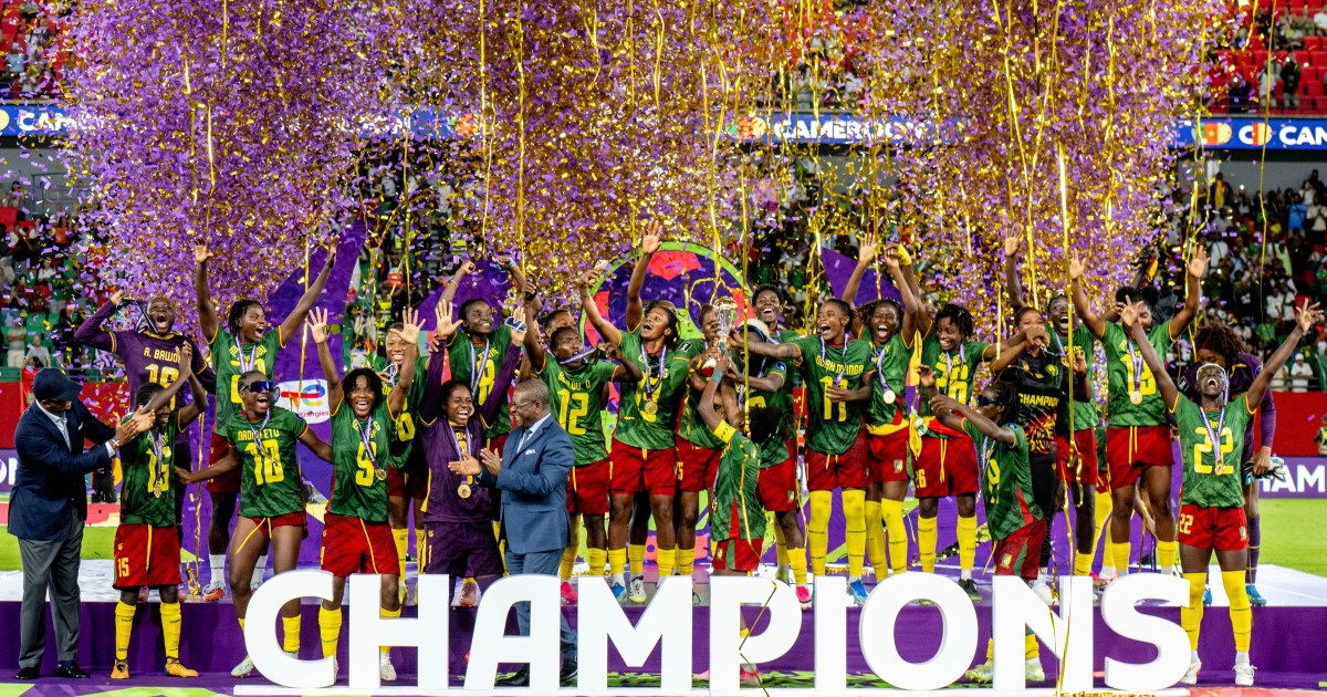 Cameroon's women's national football team (the Indomitable Lionesses) celebrates winning their historic first-ever Women's Africa Cup of Nations (WAFCON) title. They defeated Malawi 3-0 in the final held on August 16, 2026, in Rabat, Morocco. Image used for Sportxparte news.