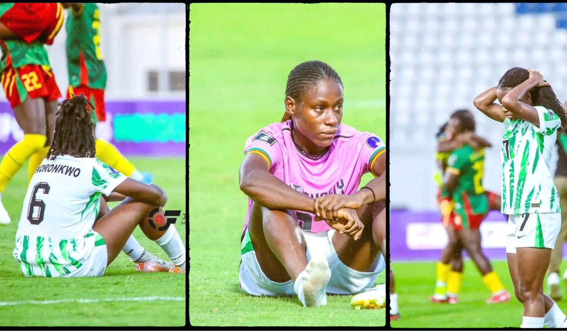 Distressed Nigeria Super Falcons players, including forward Esther Okoronkwo, sitting on the pitch in tears after a 1-0 defeat against Cameroon in the WAFCON 2026 quarter-final. Image used for Sportxparte news.