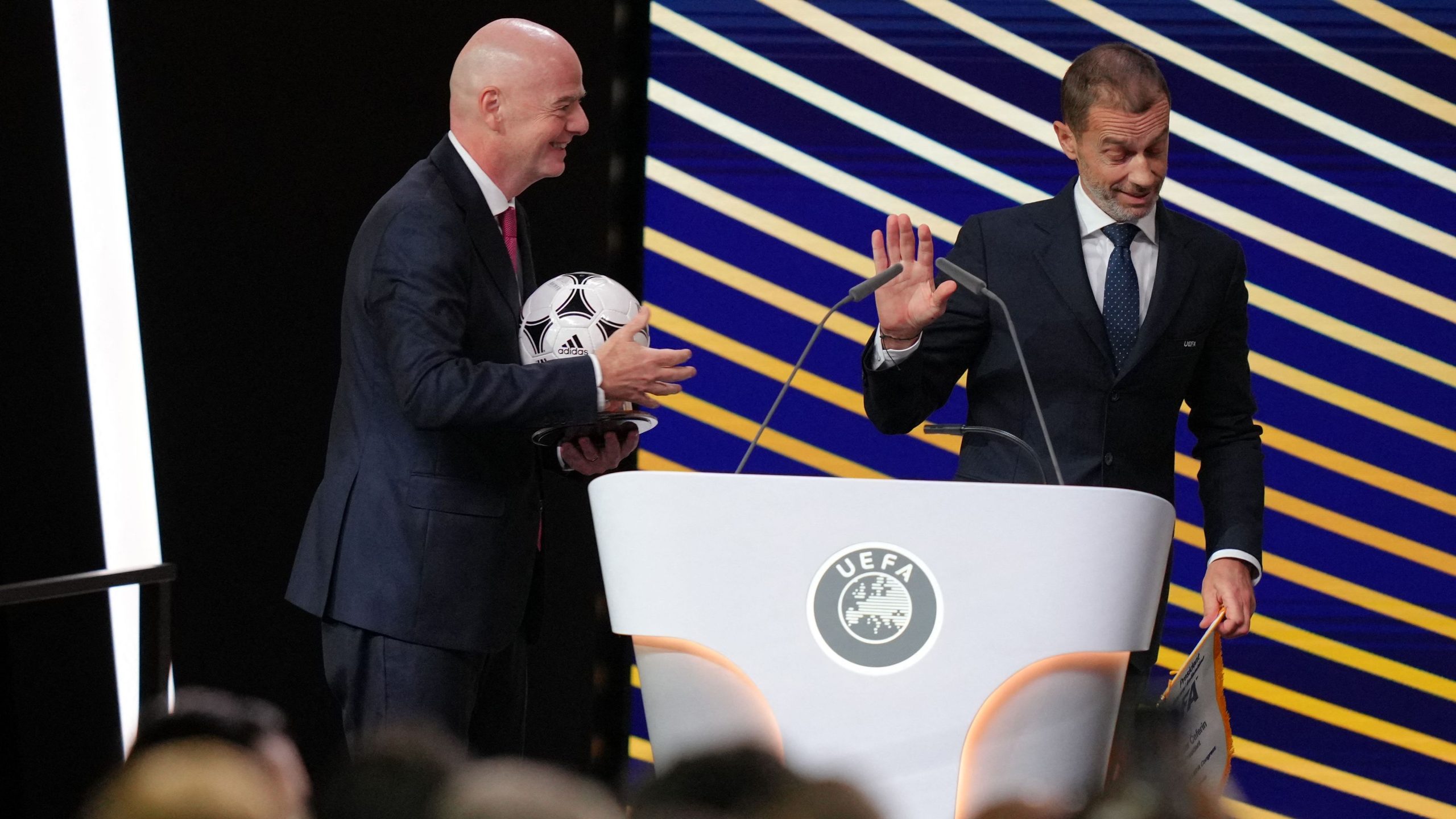 FIFA President Gianni Infantino and UEFA President Aleksander Čeferin, who recently faced tension over a proposed investment plan. Image used for Sportxparte news.