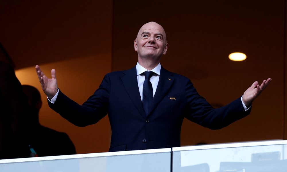 FIFA President Gianni Infantino reacting from the executive seating area during a football tournament match. Image used for Sportxparte news.