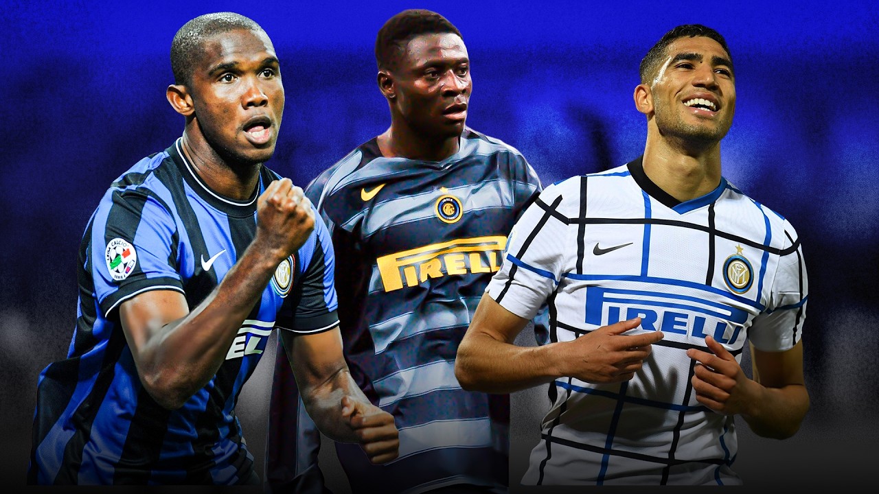 High-quality graphic celebrating the impact of African football stars at Inter Milan. Features legendary striker Samuel Eto'o from the historic 2010 treble-winning squad, midfielder Lucien Agoumé, and Moroccan star wing-back Achraf Hakimi celebrating the 2021 Scudetto victory in the white grid away jersey. Image used for Sportxparte news.