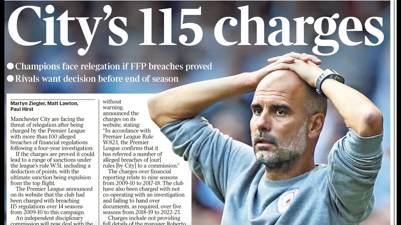 The image displays former manager Pep Guardiola beneath a headline highlighting City's 115 charges, which were originally levied by the Premier League in February 2023. The alleged breaches span a nine-year period from 2009 to 2018, primarily focusing on failure to provide accurate financial information, undisclosed player/manager remuneration, and non-cooperation with the league's multi-year inquiry. Image used for Sportxparte news.