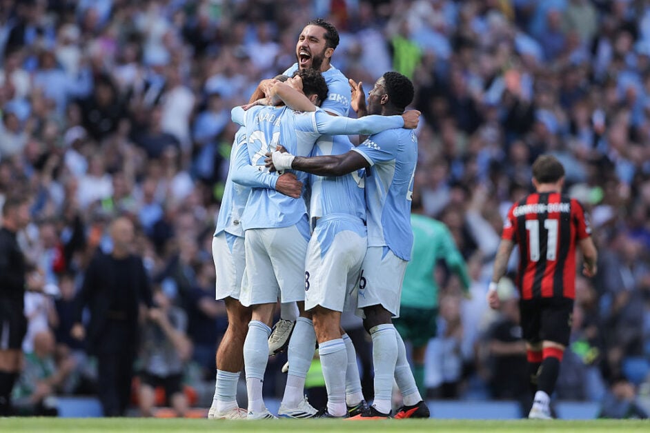 Manchester City defender Joško Gvardiol (number 24) celebrates his dramatic late stoppage-time winner with teammates after securing a 2-1 comeback victory against AFC Bournemouth at the Etihad Stadium on August 23, 2026. This match marked Enzo Maresca's first Premier League game in charge as the new manager. Image used for Sportxparte news.