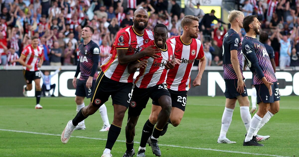 Michael Kayode of Brentford celebrates scoring his team's third goal against Tottenham Hotspur during the 2026/27 Premier League opening fixture at Gtech Community Stadium. Image used for Sportxparte news.
