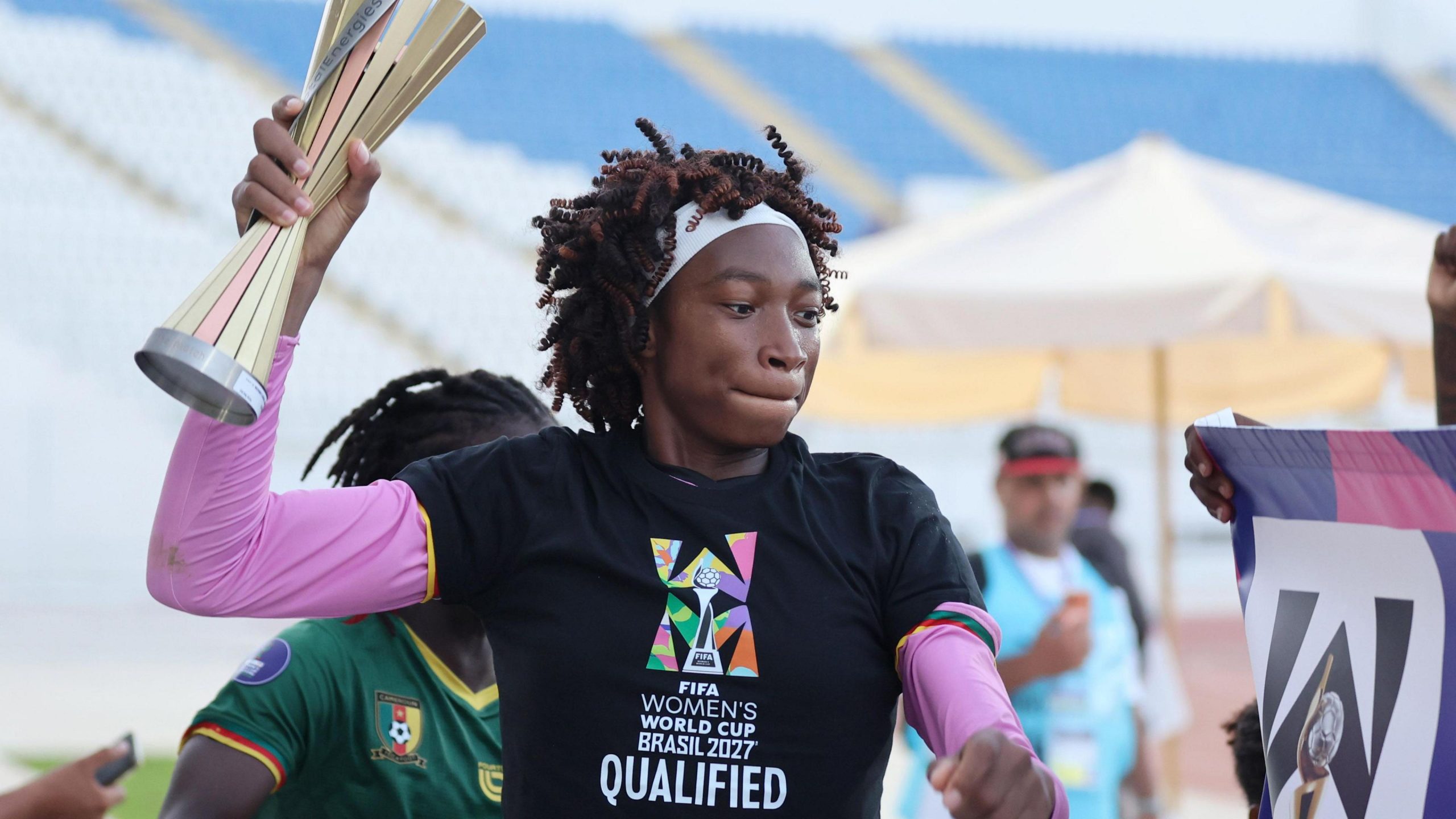 Cameroon goalkeeper Michaely Bihina holds the Player of the Match award after making nine saves in a 1-0 win over Nigeria at the 2026 Women's Africa Cup of Nations (WAFCON). Image used for Sportxparte news