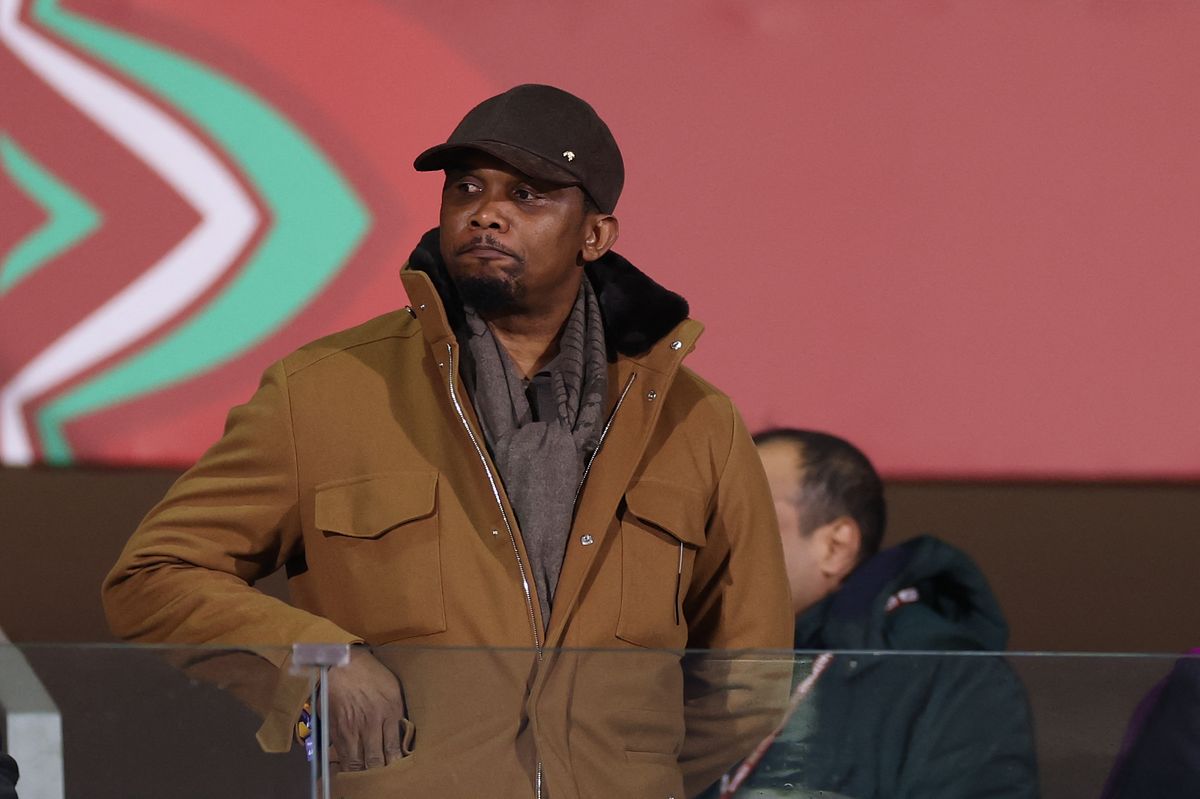 Cameroonian football legend Samuel Eto'o. The image captures him in the VIP stands reacting to refereeing decisions during Cameroon's 2-0 defeat to hosts Morocco in the Africa Cup of Nations (AFCON). Following this match, his behavior led to a high-profile disciplinary dispute with the Confederation of African Football (CAF). Image used for Sportxparte news.
