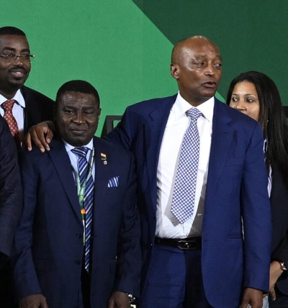 African and global football leadership, including Samuel Eto'o (far left), CAF President Patrice Motsepe (center in the blue suit), and FIFA President Gianni Infantino (far right). Image used for Sportxparte news.
