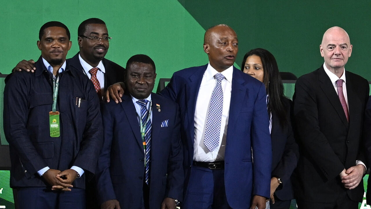 African and global football leadership, including Samuel Eto'o (far left), CAF President Patrice Motsepe (center in the blue suit), and FIFA President Gianni Infantino (far right). Image used for Sportxparte news.