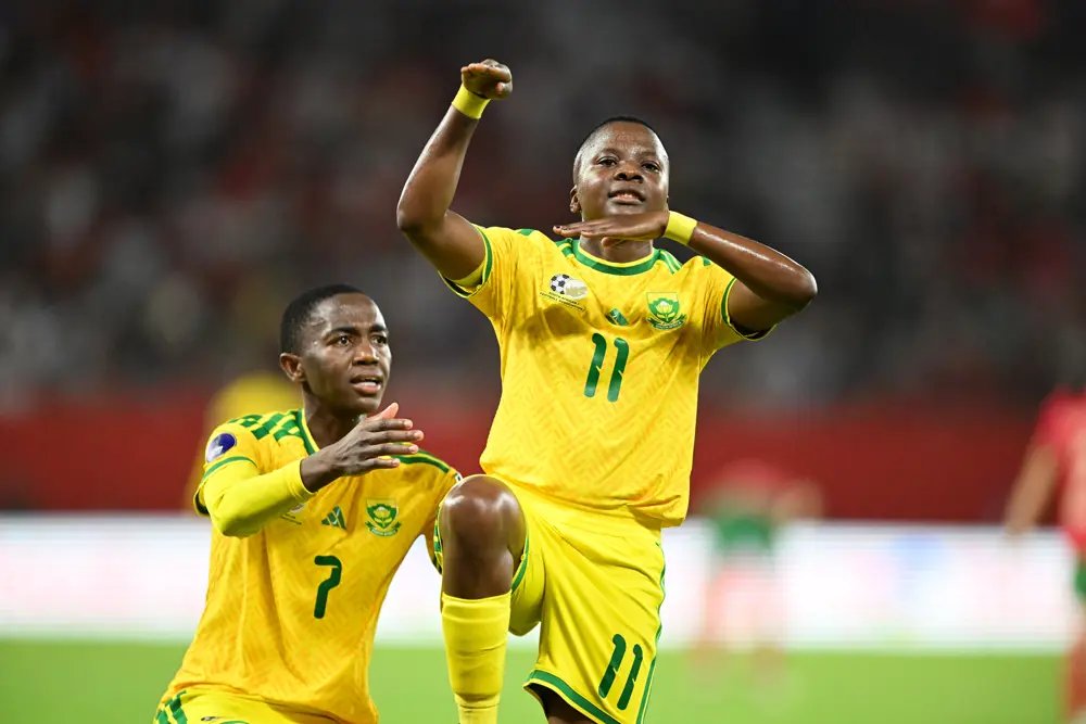 South African star forward Thembi Kgatlana celebrating a goal for Banyana Banyana during the Women's Africa Cup of Nations (WAFCON). Image used for Sportxparte news.