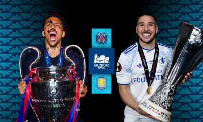 Promotional graphic for the 2026 UEFA Super Cup in Salzburg featuring Paris Saint-Germain's Marquinhos holding the Champions League trophy and Aston Villa's Emiliano Buendía holding the Europa League trophy. Image used for Sportxparte news.