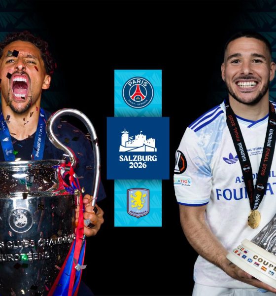 Promotional graphic for the 2026 UEFA Super Cup in Salzburg featuring Paris Saint-Germain's Marquinhos holding the Champions League trophy and Aston Villa's Emiliano Buendía holding the Europa League trophy. Image used for Sportxparte news.