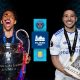 Promotional graphic for the 2026 UEFA Super Cup in Salzburg featuring Paris Saint-Germain's Marquinhos holding the Champions League trophy and Aston Villa's Emiliano Buendía holding the Europa League trophy. Image used for Sportxparte news.