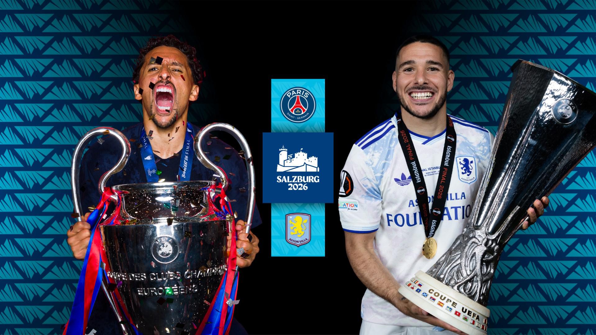 Promotional graphic for the 2026 UEFA Super Cup in Salzburg featuring Paris Saint-Germain's Marquinhos holding the Champions League trophy and Aston Villa's Emiliano Buendía holding the Europa League trophy. Image used for Sportxparte news.