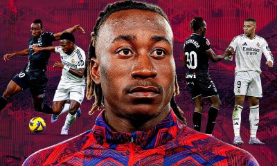 A sports graphic featuring 19-year-old Ivorian winger Yan Diomande centered between Real Madrid forwards Vinícius Júnior and Kylian Mbappé. The image visualizes the rumored €120m–€135m summer transfer from RB Leipzig to the La Liga giants, highlighting a new era for the Los Blancos frontline. Image used for Sportxparte news.