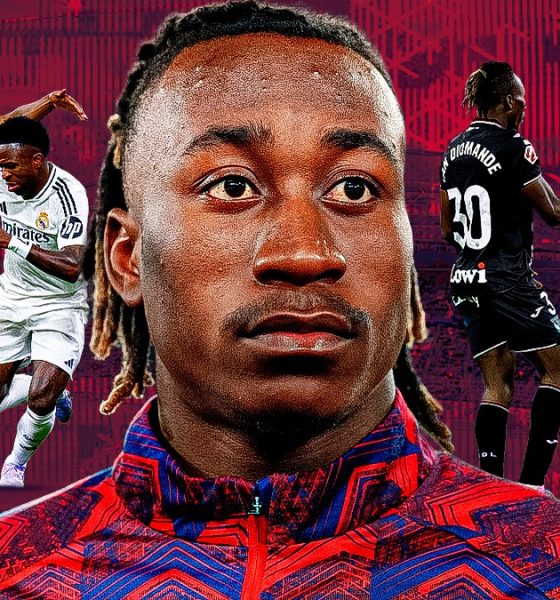 A sports graphic featuring 19-year-old Ivorian winger Yan Diomande centered between Real Madrid forwards Vinícius Júnior and Kylian Mbappé. The image visualizes the rumored €120m–€135m summer transfer from RB Leipzig to the La Liga giants, highlighting a new era for the Los Blancos frontline. Image used for Sportxparte news.