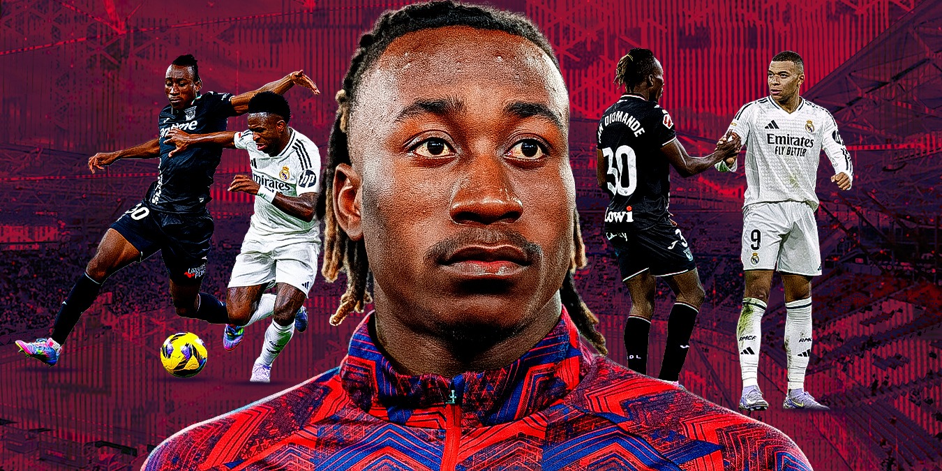 A sports graphic featuring 19-year-old Ivorian winger Yan Diomande centered between Real Madrid forwards Vinícius Júnior and Kylian Mbappé. The image visualizes the rumored €120m–€135m summer transfer from RB Leipzig to the La Liga giants, highlighting a new era for the Los Blancos frontline. Image used for Sportxparte news.
